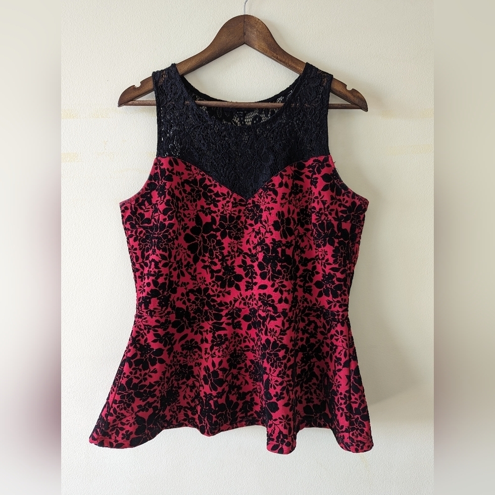 Sloane & Sadie red and black velvet work with lace up neckline sleeveless top
